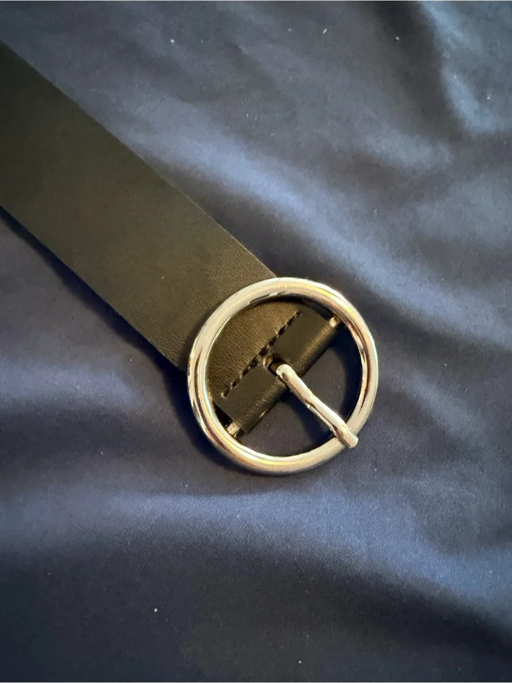 Women's Black Leather Belt with Round Silver Buckle
